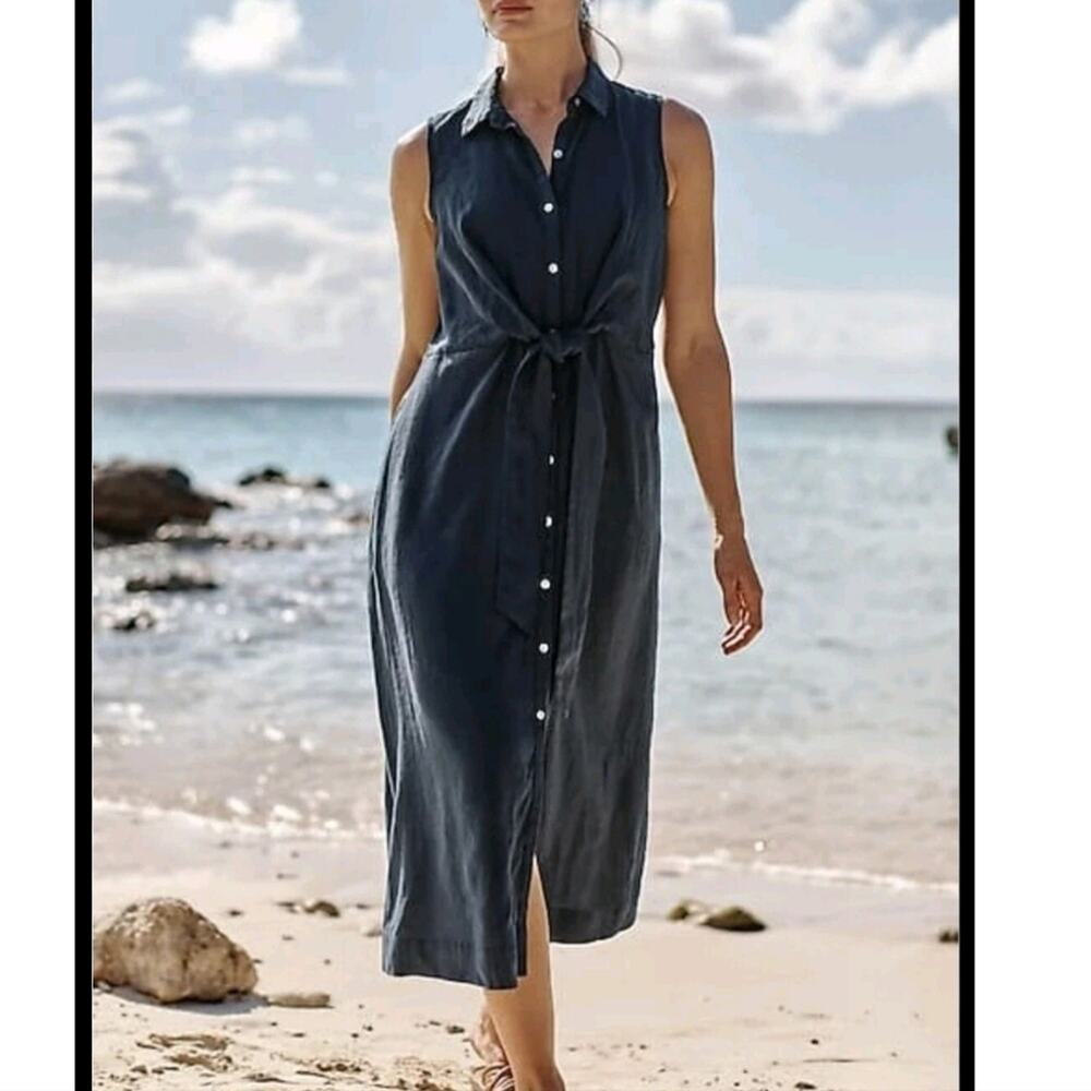 J. Jill Love Linen 100% Linen Sleeveless Button-Down Midi Shirt Dress Petite XL